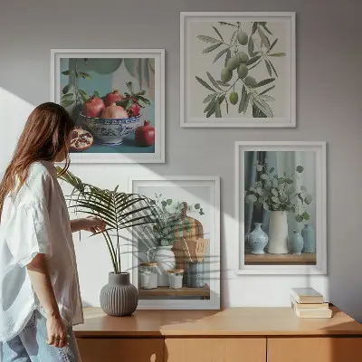 Set de cuadros modernos para salón diseño de aceitunas verdes con eucalipto