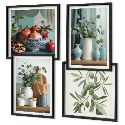 Set de cuadros modernos para salón diseño de aceitunas verdes con eucalipto