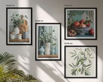 Set de cuadros modernos para salón diseño de aceitunas verdes con eucalipto