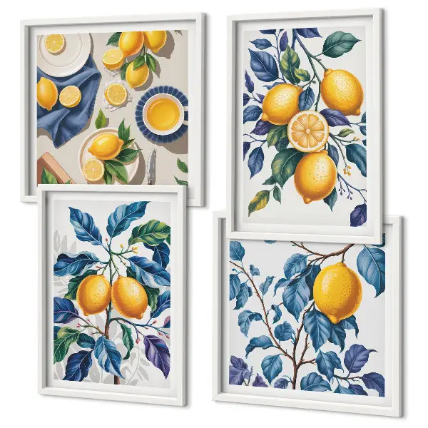 Set de 4 cuadros para salón con diseño de ramas de limón y hojas azules