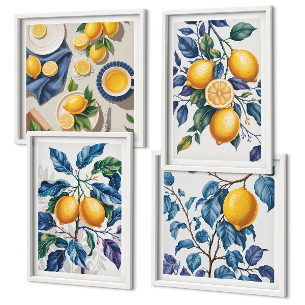 Set de 4 cuadros para salón ramas de limón hojas azules