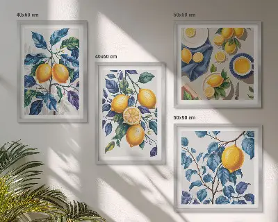 Set de 4 cuadros para salón con diseño de ramas de limón y hojas azules