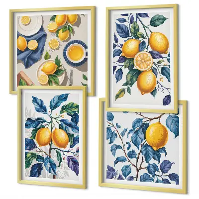 Set de 4 cuadros para salón con diseño de ramas de limón y hojas azules