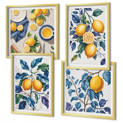 Set de 4 cuadros para salón ramas de limón hojas azules