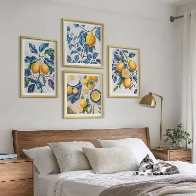 Set de 4 cuadros para salón con diseño de ramas de limón y hojas azules