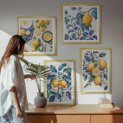 Set de 4 cuadros para salón con diseño de ramas de limón y hojas azules