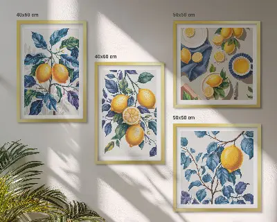 Set de 4 cuadros para salón con diseño de ramas de limón y hojas azules