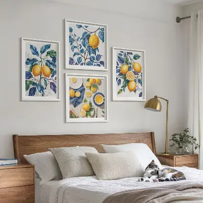 Set de 4 cuadros para salón con diseño de ramas de limón y hojas azules