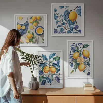 Set de 4 cuadros para salón con diseño de ramas de limón y hojas azules