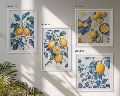 Set de 4 cuadros para salón con diseño de ramas de limón y hojas azules