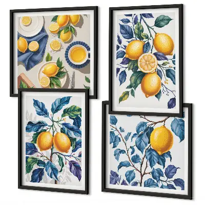 Set de 4 cuadros para salón con diseño de ramas de limón y hojas azules