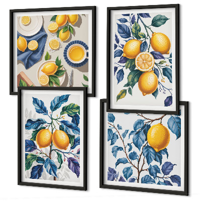Set de 4 cuadros para salón ramas de limón hojas azules
