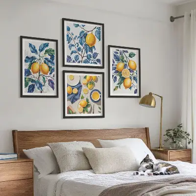 Set de 4 cuadros para salón con diseño de ramas de limón y hojas azules