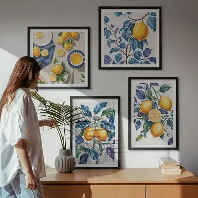 Set de 4 cuadros para salón con diseño de ramas de limón y hojas azules
