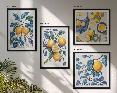 Set de 4 cuadros para salón con diseño de ramas de limón y hojas azules