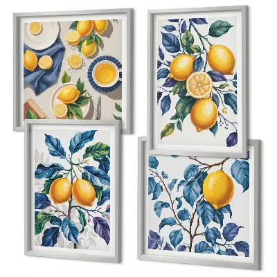 Set de 4 cuadros para salón con diseño de ramas de limón y hojas azules