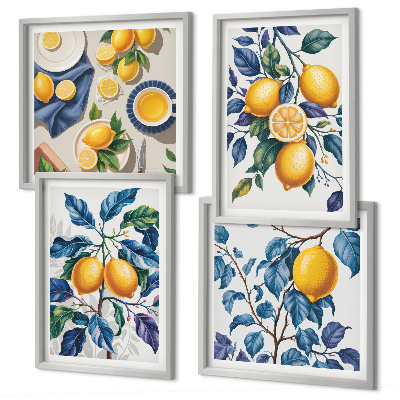 Set de 4 cuadros para salón ramas de limón hojas azules
