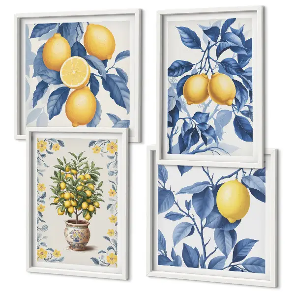 Galería de pared con ramas de limón y hojas azules