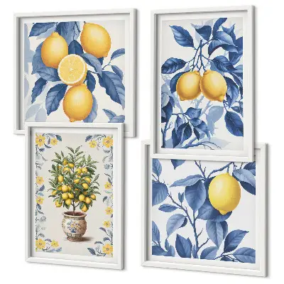 Galería de pared con ramas de limón y hojas azules