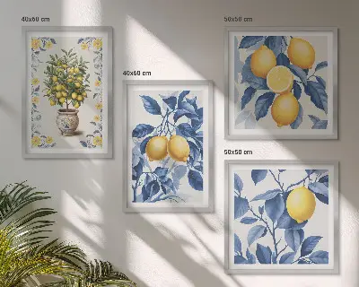 Galería de pared con ramas de limón y hojas azules
