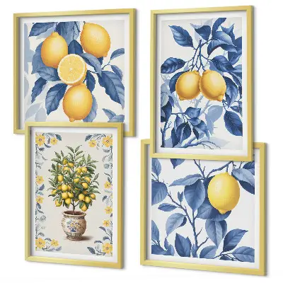 Galería de pared con ramas de limón y hojas azules