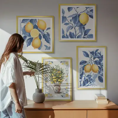 Galería de pared con ramas de limón y hojas azules