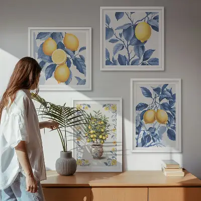 Galería de pared con ramas de limón y hojas azules