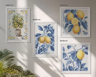 Galería de pared con ramas de limón y hojas azules