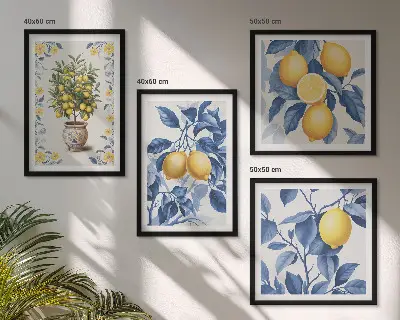 Galería de pared con ramas de limón y hojas azules