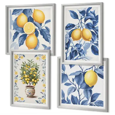 Galería de pared con ramas de limón y hojas azules