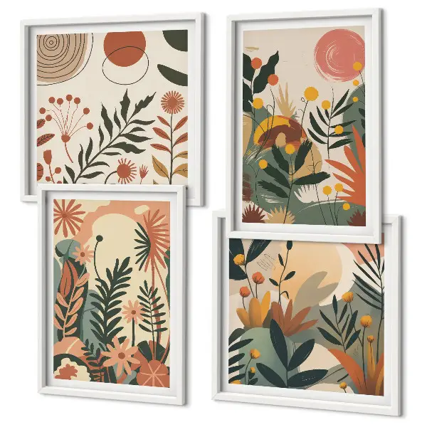 Set de 4 cuadros para salón con diversos patrones de plantas en tonos pastel