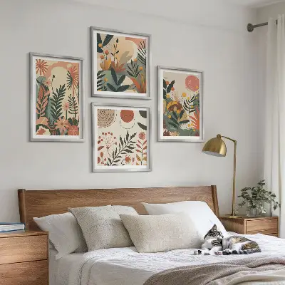 Set de 4 cuadros para salón con diversos patrones de plantas en tonos pastel