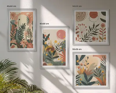 Set de 4 cuadros para salón con diversos patrones de plantas en tonos pastel