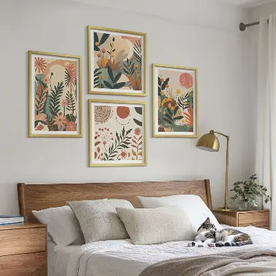 Set de 4 cuadros para salón con diversos patrones de plantas en tonos pastel