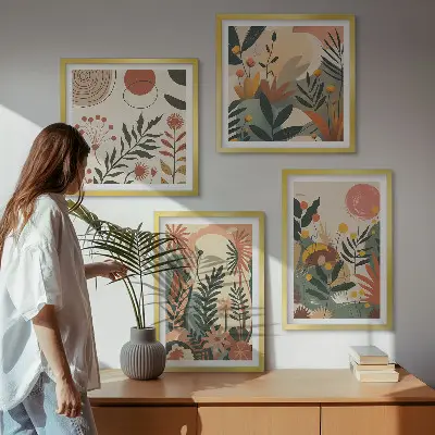 Set de 4 cuadros para salón con diversos patrones de plantas en tonos pastel