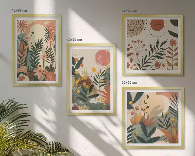Set de 4 cuadros para salón con diversos patrones de plantas en tonos pastel