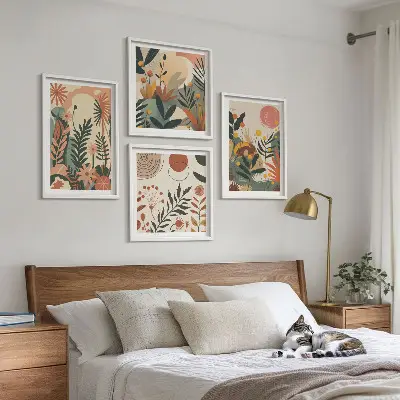Set de 4 cuadros para salón con diversos patrones de plantas en tonos pastel