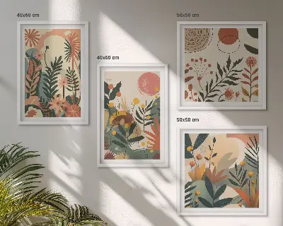 Set de 4 cuadros para salón con diversos patrones de plantas en tonos pastel