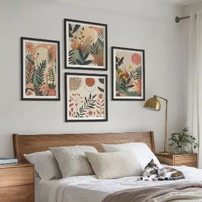 Set de 4 cuadros para salón con diversos patrones de plantas en tonos pastel