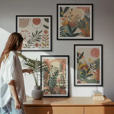 Set de 4 cuadros para salón con diversos patrones de plantas en tonos pastel