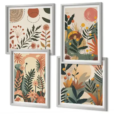 Set de 4 cuadros para salón con diversos patrones de plantas en tonos pastel