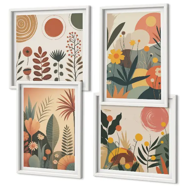 Galería de pared con estampados cálidos de plantas estilo boho