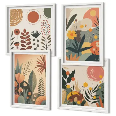 Galería de pared con estampados cálidos de plantas estilo boho