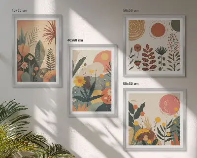 Galería de pared con estampados cálidos de plantas estilo boho