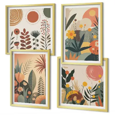 Galería de pared con estampados cálidos de plantas estilo boho