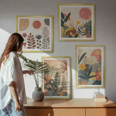 Galería de pared con estampados cálidos de plantas estilo boho