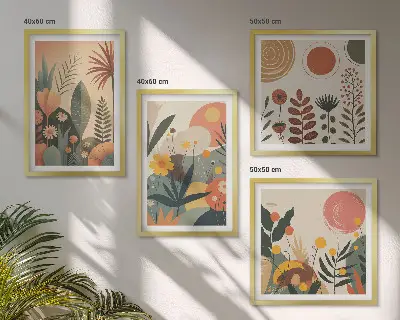 Galería de pared con estampados cálidos de plantas estilo boho