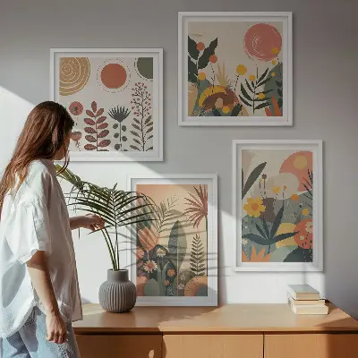 Galería de pared con estampados cálidos de plantas estilo boho