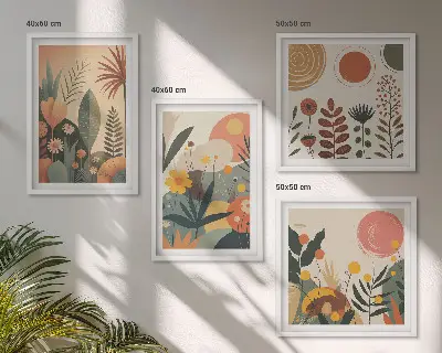 Galería de pared con estampados cálidos de plantas estilo boho