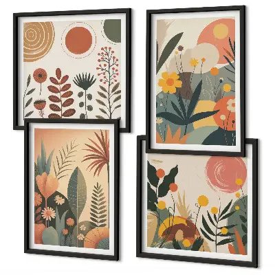 Galería de pared con estampados cálidos de plantas estilo boho